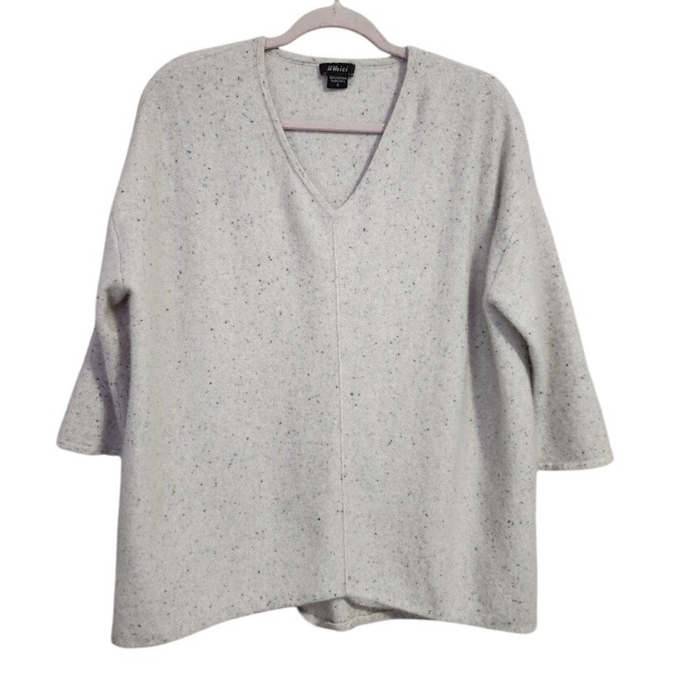PURE AMICI 100% Cashmere V-Neck Boxy‎ Sweater Flecked Dove Grey Size 2